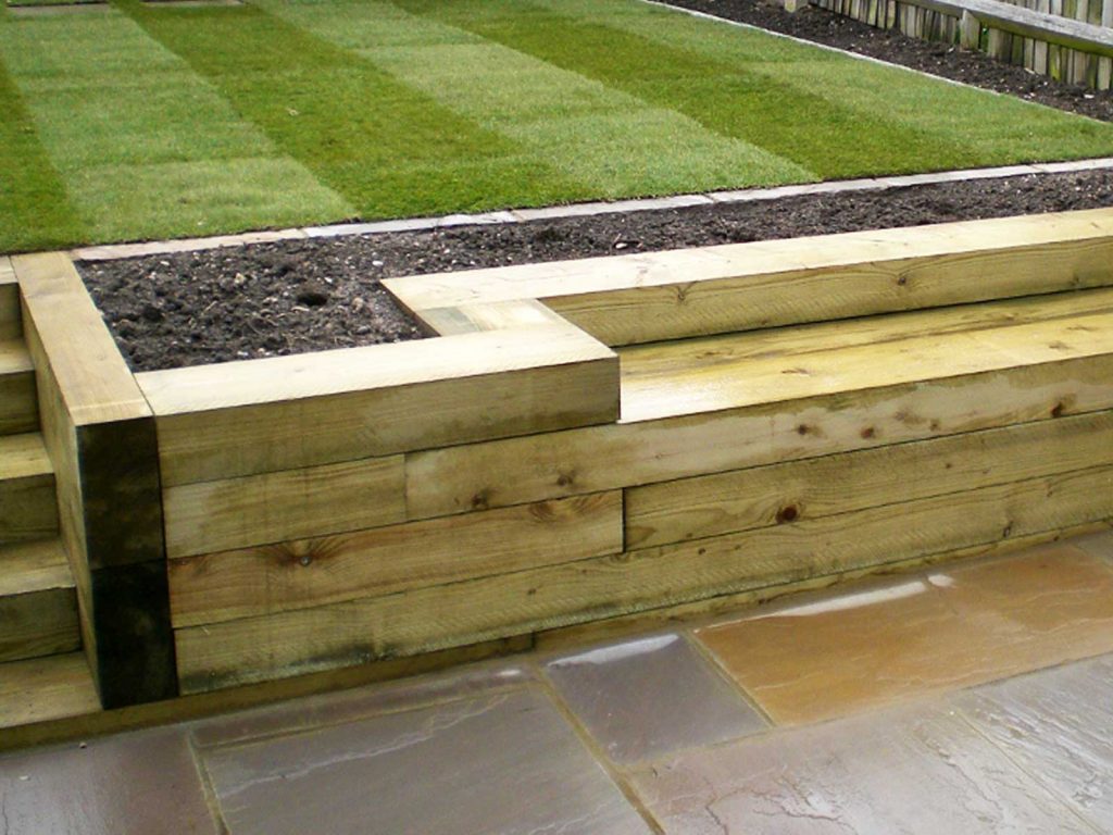 Retaining Sleeper Wall for rear garden landscaping in Winchester.